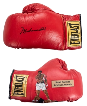 Muhammad Ali Signed Everlast Boxing Glove Pair with Original Ken Branch Ali/Liston Painting (JSA) 